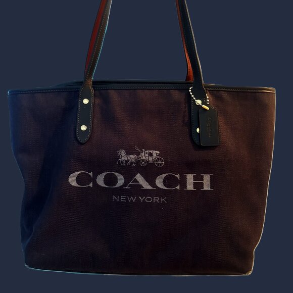 Coach Dark Denim Tote Navy and Burgandy Leather Gold Hardware 2020 with Hang Tag - Picture 3 of 12